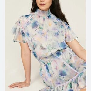 Misa Los Angeles Ella  Pink and purple watercolor Mock Neck Mini Dress  size S